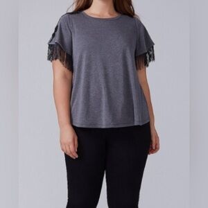 Lane Bryant Size 18/20 Gray blouse short sleeve black fringe & embroidered